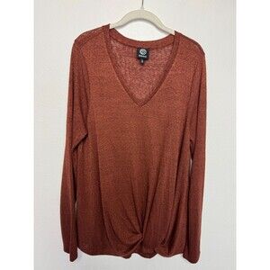 Bobeau Large Twist Front Knit Top Rust Brown V-Neck Long Sleeve Semi Sheer